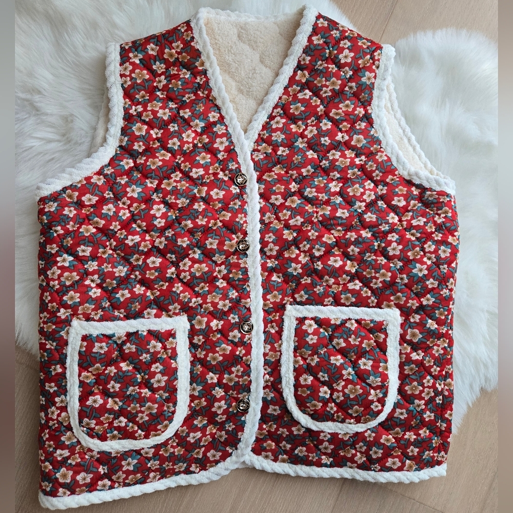 Floral Red Kids Vest with White Trim